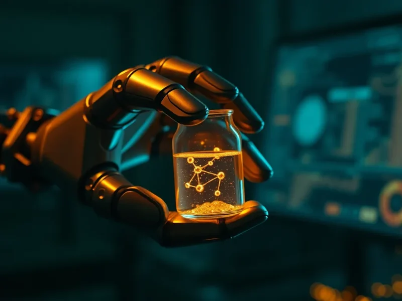 Robotic instrument analyzing a glowing molecular compound in a dark pharmaceutical research lab