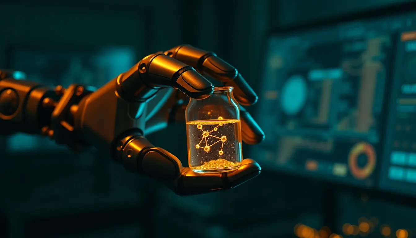 Robotic instrument analyzing a glowing molecular compound in a dark pharmaceutical research lab