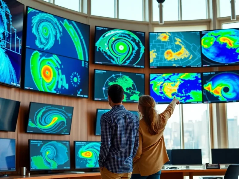 meteorologists reviewing colorful AI weather radar and satellite storm data on wall-mounted screens in a bright forecasting center