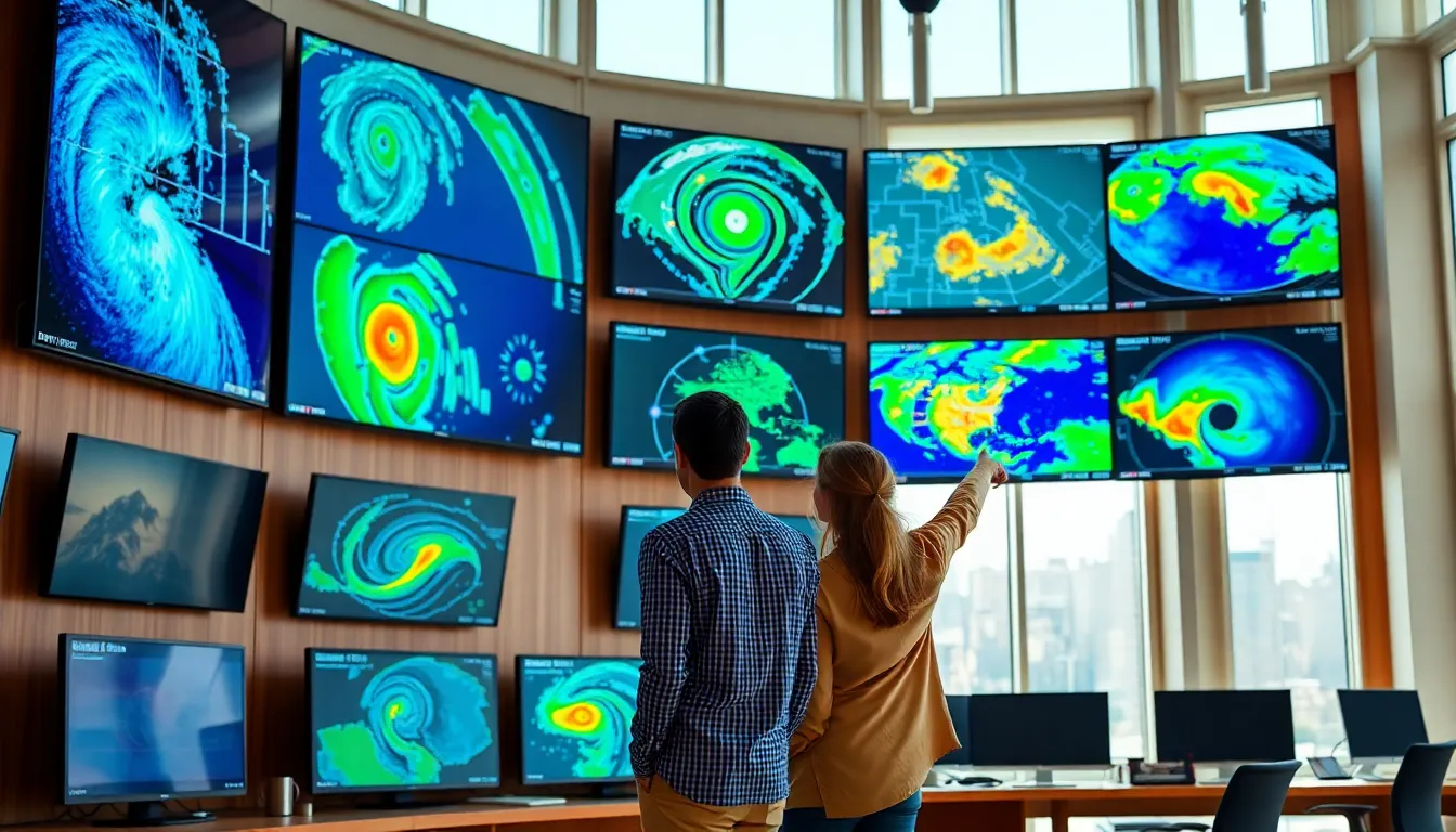 meteorologists reviewing colorful AI weather radar and satellite storm data on wall-mounted screens in a bright forecasting center