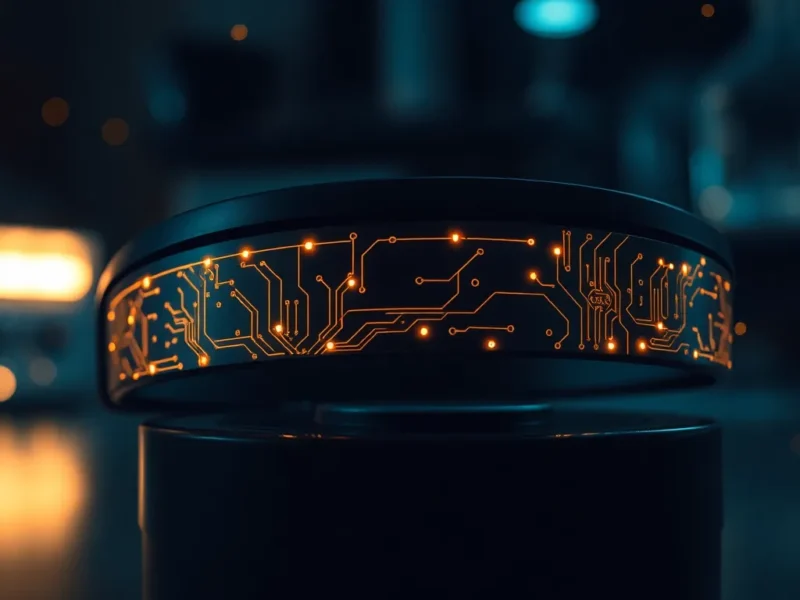 Close-up of a neural interface headband with glowing gold circuitry against a dark futuristic background