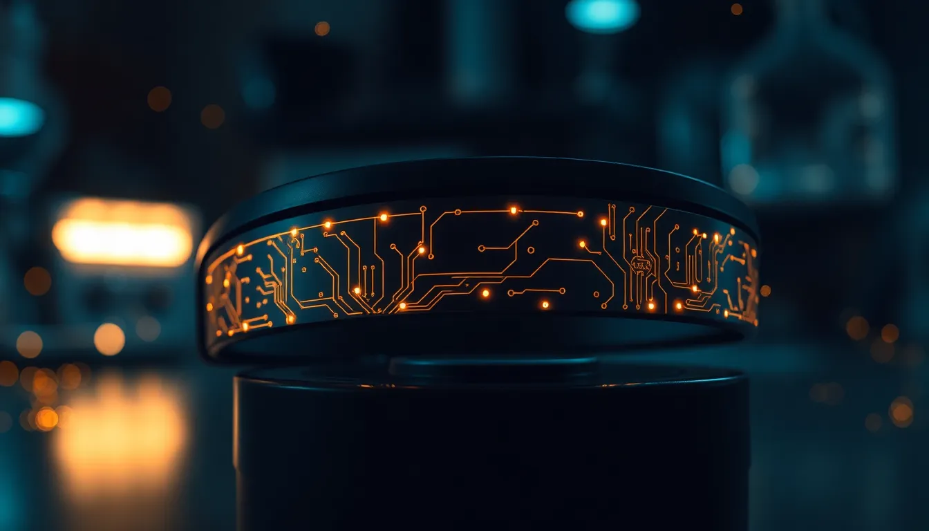 Close-up of a neural interface headband with glowing gold circuitry against a dark futuristic background