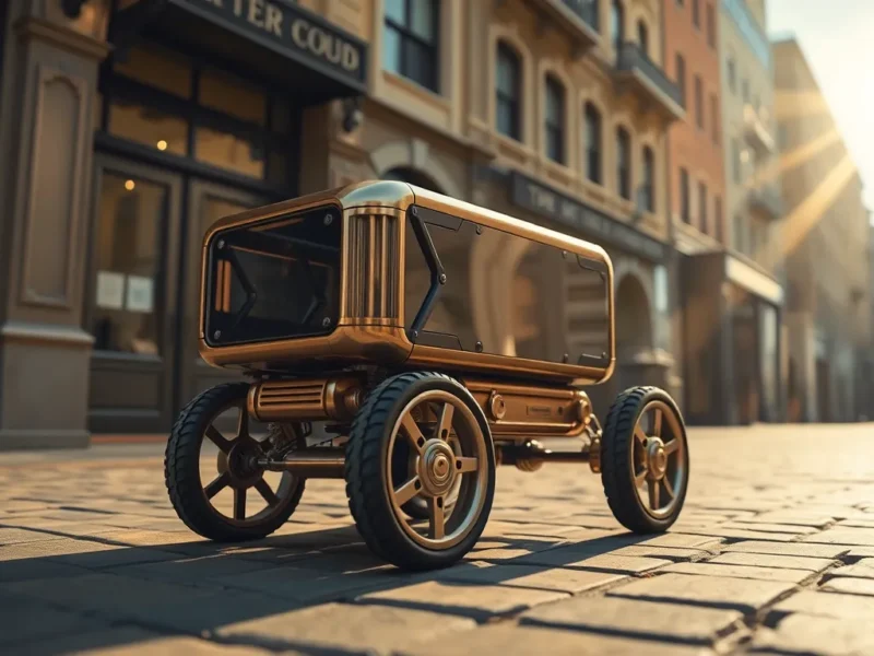 Autonomous delivery robot navigating city sidewalk with pedestrians