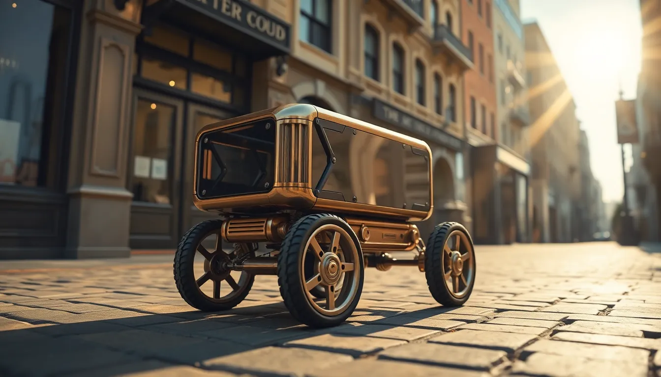 Autonomous delivery robot navigating city sidewalk with pedestrians