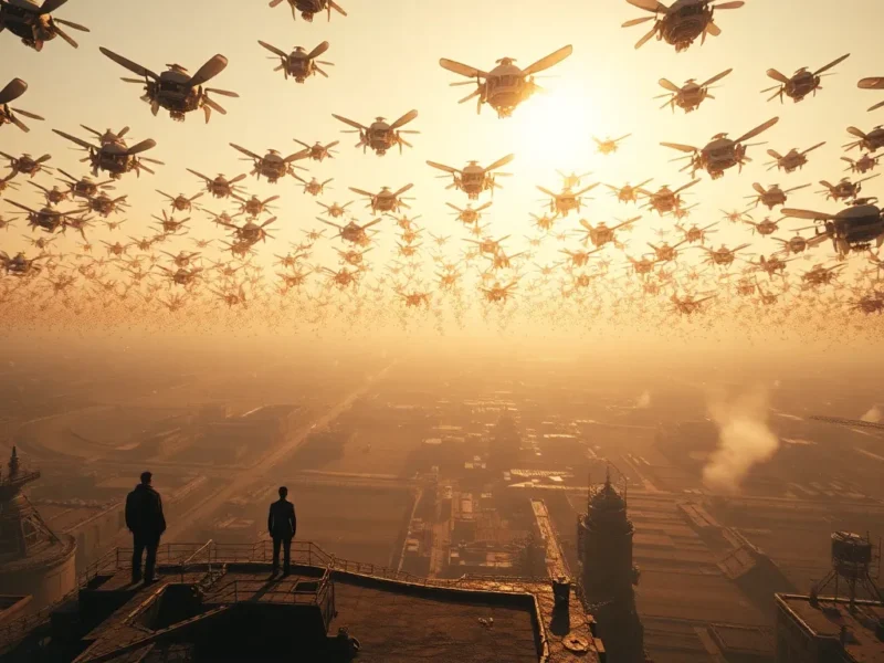 Multiple small drones flying in coordinated formation demonstrating swarm robotics principles
