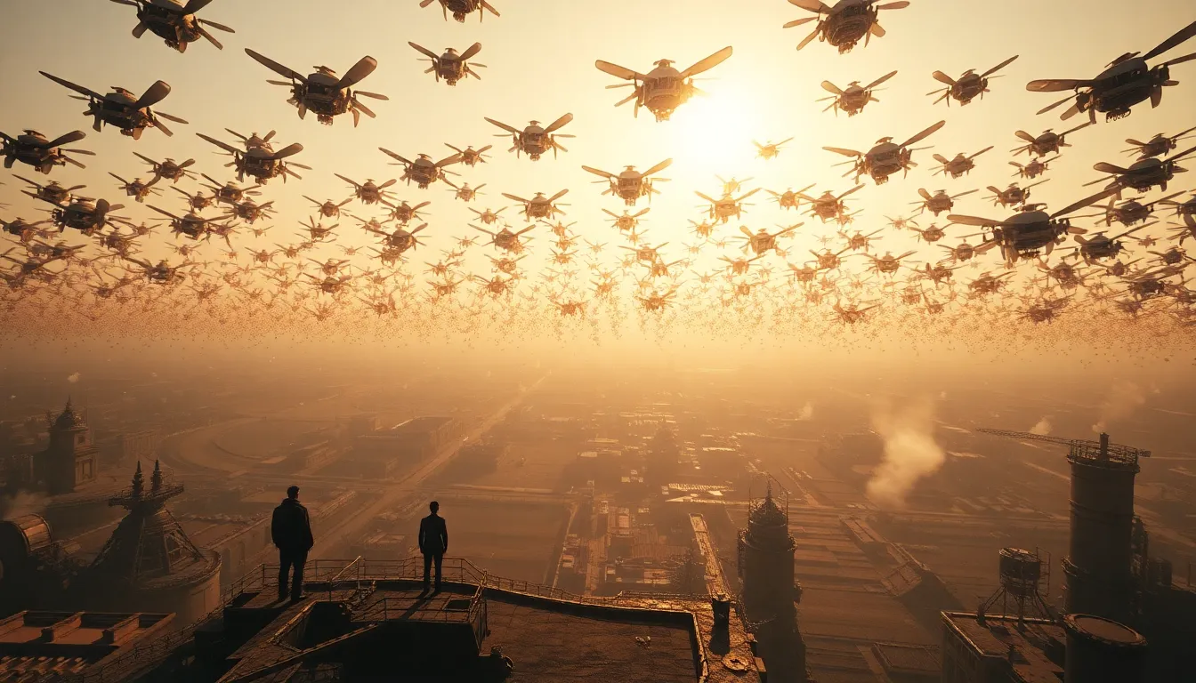 Multiple small drones flying in coordinated formation demonstrating swarm robotics principles